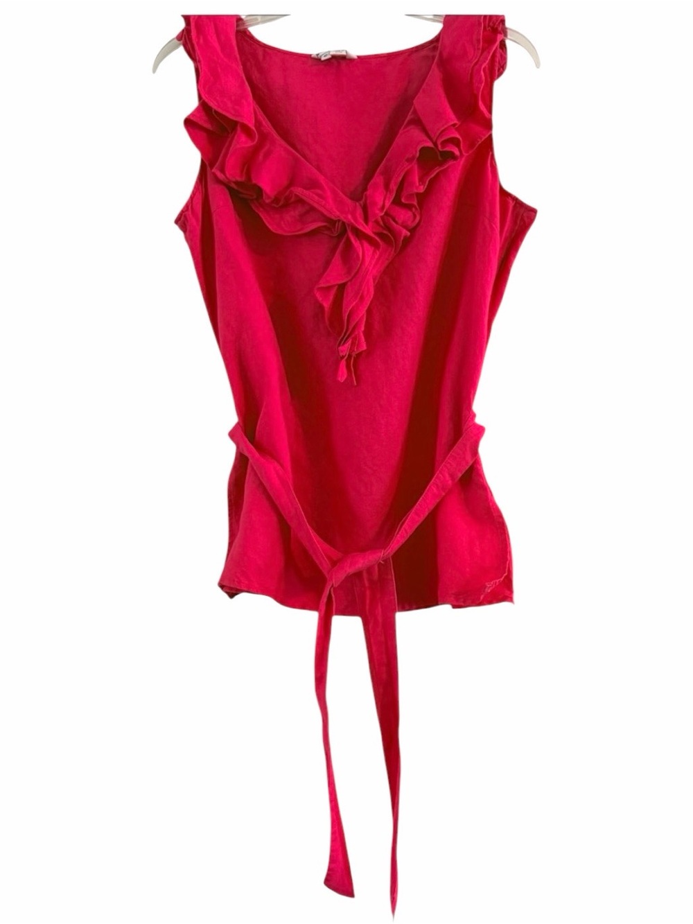 Jennifer Eden Fuchsia Pink Ruffle V-Neck Belted Sleeveless Top Size 10